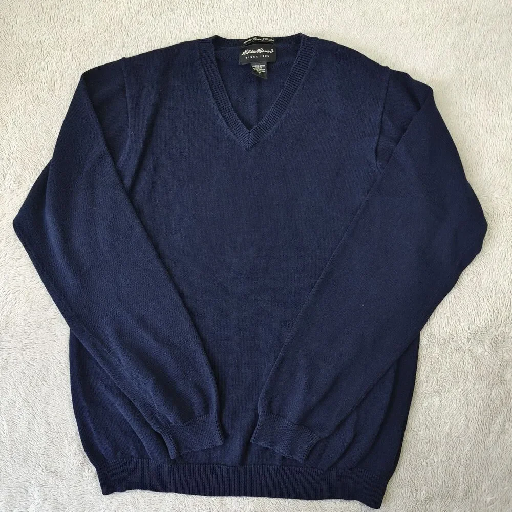 Eddie Bauer V-Neck Sweater Men's L Tall Blue 100% Supima Cotton Made in UK